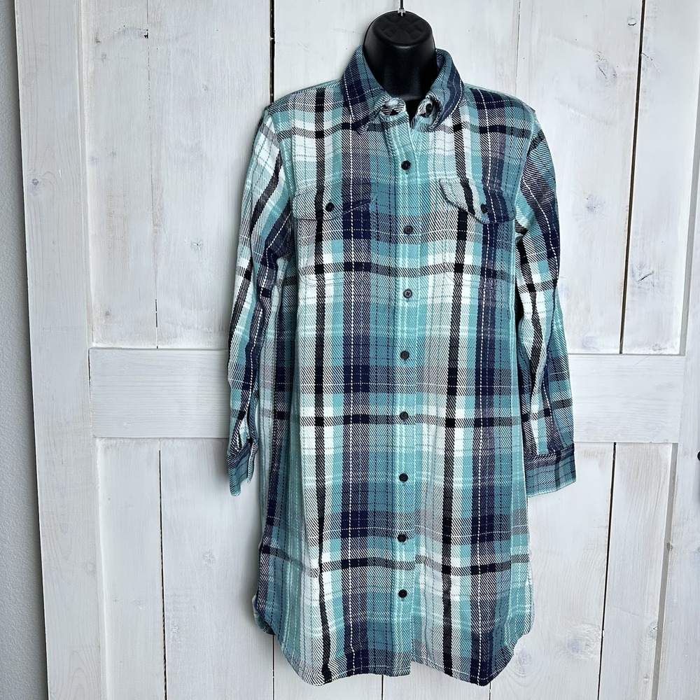 Outerknown Teal Navy White Plaid Button-Down Shirt Dress